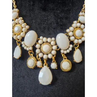 Photo of Gold Tone Ivory Pearl Rhinestone Teardrop Bib Statement Necklace