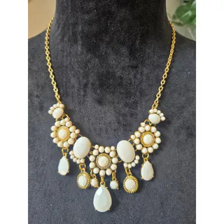 Photo of Gold Tone Ivory Pearl Rhinestone Teardrop Bib Statement Necklace