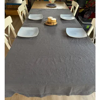 Photo of Crate & Barrel Marin Linen Tablecloth 60x90 Graphite Gray 100% Linen Dining Room