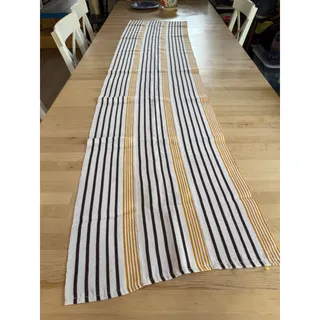 Photo of VINTAGE Striped Table Runner Curved Symmetrical Black Mustard Cream 83 x 19 READ