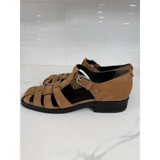 Photo of Labucq Suede Fisherman Sandals Brown T-Strap Woven Open Toe Italy Women’s 41