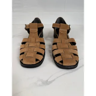 Photo of Labucq Suede Fisherman Sandals Brown T-Strap Woven Open Toe Italy Women’s 41