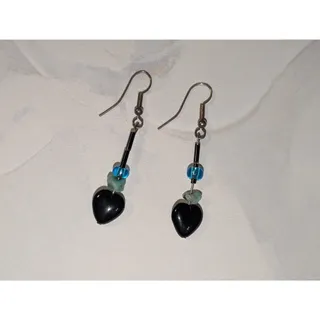 Photo of Lovely Vintage 1980s Silver-Tone Black Heart & Turquoise Beaded Dangle Earrings