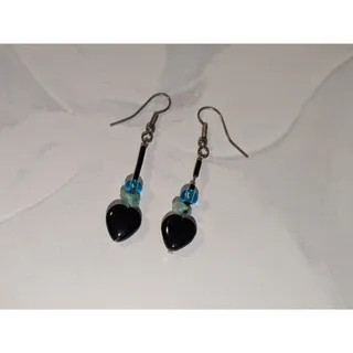 Photo of Lovely Vintage 1980s Silver-Tone Black Heart & Turquoise Beaded Dangle Earrings