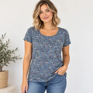 Photo of J Jill blue floral cotton scoop neck tee shirt Small classic 