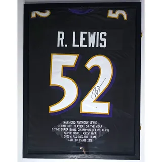 Photo of Framed Autographed Ray Lewis STAT Baltimore Ravens Signed Jersey-UV Protected