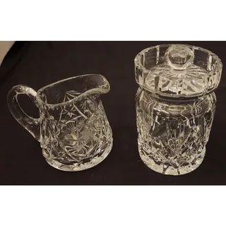 Photo of Vintage Clear Glass Crystal Creamer and Sugar Bowl Set with Lid Hand Blown 2 Pc