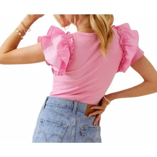 Photo of Copied - Day+Moon Women's Medium Solid Pink Short Sleeve Ruffle V-Neck Bodysuit
