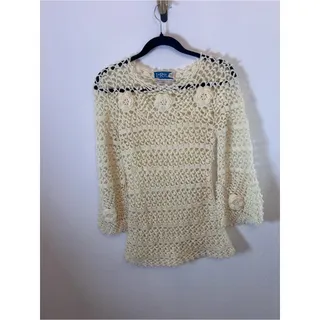 Photo of VTG Cream Crochet Knit Women's Sweater fairycore y2k Cottagecore 3d rosettes S