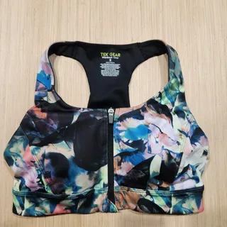 Photo of Tek Gear Workout Gear Floral Sports Bra Zip Front Racerback Size Small