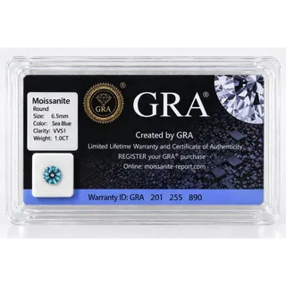 Photo of 1ct Sea Blue Moissanite Round 6.5mm VVS1 Loose Gemstone GRA Card & Case Certified
