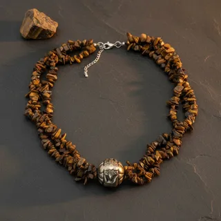 Photo of Vintage Tiger Eye Chip Necklace-Multi Strand-Silver Tone Bead-Boho-Statement