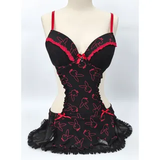 Photo of Playboy Intimates Bunny Print Open Back Apron Lingerie Large Black Red Lace