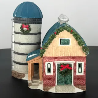 Photo of Christmas Valley Barn with Silo Lighted Christmas Village Farmhouse Decor Gift for Collector Vintage Holiday Barn for Mantel