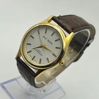 Photo of Paul Jardin Gold Tone Case White Dial Brown Leather Strap Quartz Watch Working