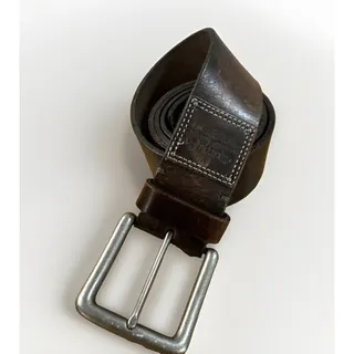 Photo of Vtg FOSSIL 54 Dark Brown Distressed Wide Leather Belt Silver Tone Buckle Sz 36
