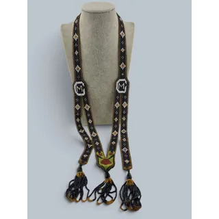 Photo of Vintage Hand Beaded Sash Necklace Initial CM Long Tassels Seed Beads 40"