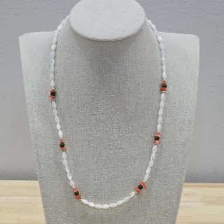 Photo of Jade Beads Coral Chips Mother of Pearl Rice Beads 18" Beaded Necklace