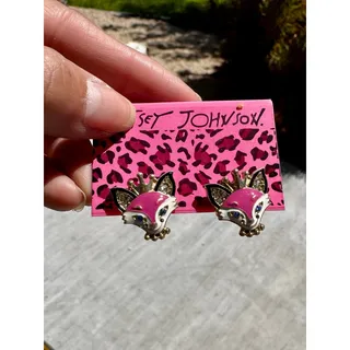 Photo of vintage Betsey Johnson Pink Fox Stud Earrings enamel fox face crystal crown Y2K