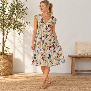Photo of Eddie Bauer floral short sleeve lined v-neck dress size 14 