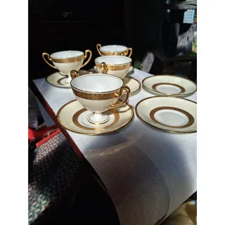 Photo of  Set Of 4 Signed Vtg Minton Double Handled Soups W/ 6 Matching Saucers Exc (3250