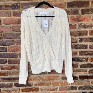 Photo of NWT ASTR The Label Cream Pointelle Knit Wrong Front Sweater Women's Size XL