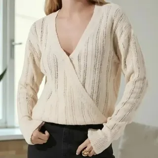 Photo of NWT ASTR The Label Cream Pointelle Knit Wrong Front Sweater Women's Size XL