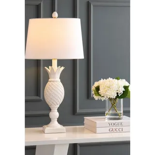 Photo of Vintage White Carved Wood Pineapple Table Lamp – Palm Beach Regency Coastal