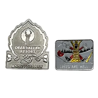 Photo of Lot of 2 Skiing Lapel Pins Pinback Buttons Deer Valley Resort Utah Skier Silver
