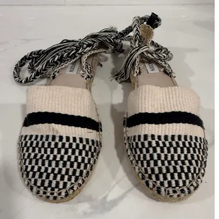 Photo of Steve Madden Black White Woven Espadrille Sandals Rope Tie Ankle Wrap Women's 7