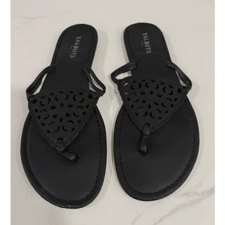 Photo of Talbots Black Laser Cut Thong Sandals Size 9 Fit 8.5 Flat Slip On Summer Shoes