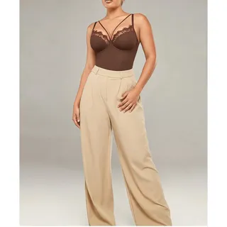 Photo of SHAPELLX Lace Bodysuit Shapewear Brown 3XL Plunge Lace Trim Bodysuit