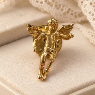 Photo of Vintage Gold Tone Angel Cherub Lapel Pin Textured Flying Celestial Brooch