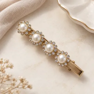 Photo of HuHu Gold Faux Pearl Rhinestone Flower Hair Barrette Alligator Clip Accessory
