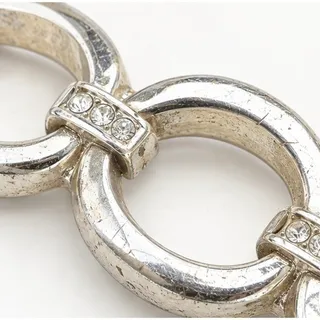 Photo of Silver Tone Chunky Oval Link Bracelet Rhinestone Accents Fold Over Clasp Vintage