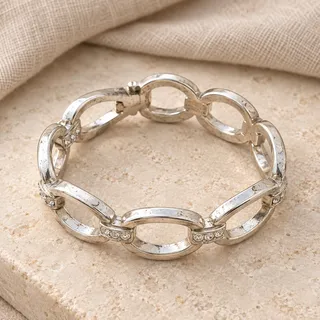 Photo of Silver Tone Chunky Oval Link Bracelet Rhinestone Accents Fold Over Clasp Vintage