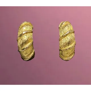 Photo of Vintage Gold Tone Clip On Earrings Textured Half Hoop 1 Inch Chunky Statement