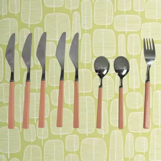 Photo of VTG Set of 8 Stainless Flatware Pink Plastic Handle Japan Knives Tea Spoon Forks