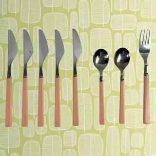 Photo of VTG Set of 8 Stainless Flatware Pink Plastic Handle Japan Knives Tea Spoon Forks