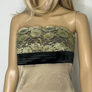 Photo of Y2K Strapless Satin Lace Cocktail Dress Size 10 Champagne Black Formal Party