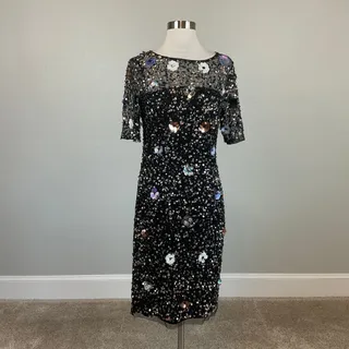 Photo of Adrianna Papell Black Cocktail Dress Sequin Short Sleeve Floral Sheath Size 4