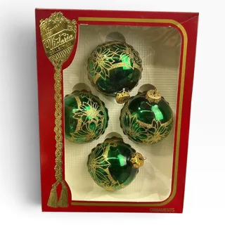 Photo of Victoria Collection Green Gold Glitter Poinsettia Glass Ornaments Set of 4 USA