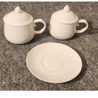 Photo of Vintage White Ceramic Lidded Teacups and Saucer Set of 2 Cups Lids Saucer Japan