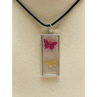 Photo of  Silver Outlined Clear Enameled Resin Butterfly Pendant w/Braided Leather Cord