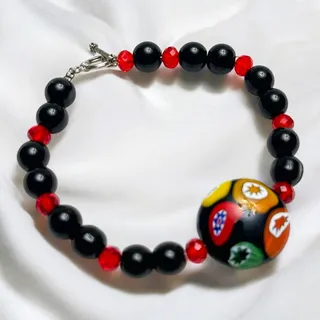 Photo of Vintage Murano Millefiori Bead, Black Glass Beads, & Red Crystals Bracelet