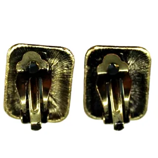 Photo of Rectangular Teal Blue Glass Earrings • Antique Goldtone • Textured • Clip On
