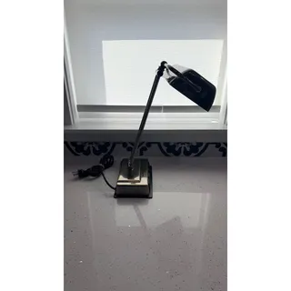 Photo of Vintage Brass Tone Desk Lamp 2 Outlets Phone Jack Adjustable Black Shade