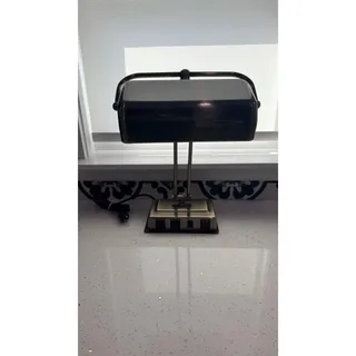 Photo of Vintage Brass Tone Desk Lamp 2 Outlets Phone Jack Adjustable Black Shade