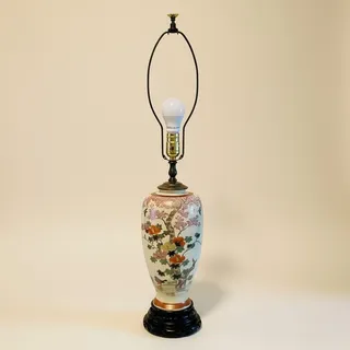 Photo of Vintage Satsuma Style Porcelain Table Lamp-Floral-Birds-Crackle Glaze-Wood Base