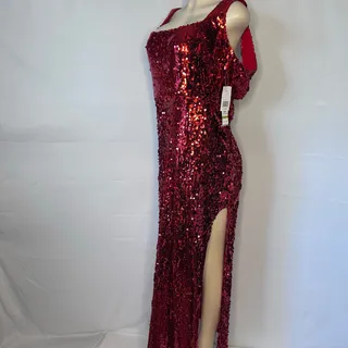 Photo of Jump Apparel Red Sequin prim /formal Maxi Dress Open Back Side Slit 17/18 NWT